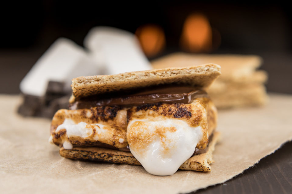 Assembled S'more in front of fire