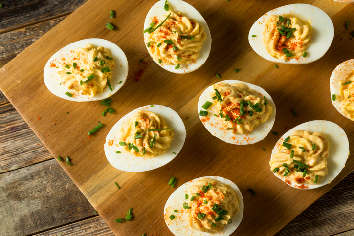 Cooked Organic Hard Boiled Eggs with Chives and Paprika